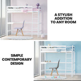 KINGSTON SLUMBER Wooden Kids Single Loft Bed Frame with Desk - White - Front View
