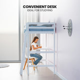 KINGSTON SLUMBER Wooden Kids Single Loft Bed Frame with Desk - White - Low Angle