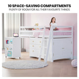 KINGSTON SLUMBER Wooden Kids Single Loft Bed Frame with Pull Out Desk, Storage Drawers, Cabinet - White - 45-Degree Angle