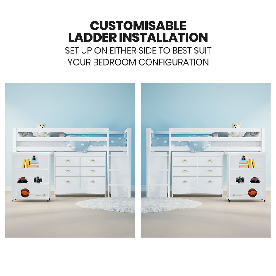 KINGSTON SLUMBER Wooden Kids Single Loft Bed Frame with Pull Out Desk, Storage Drawers, Cabinet - White