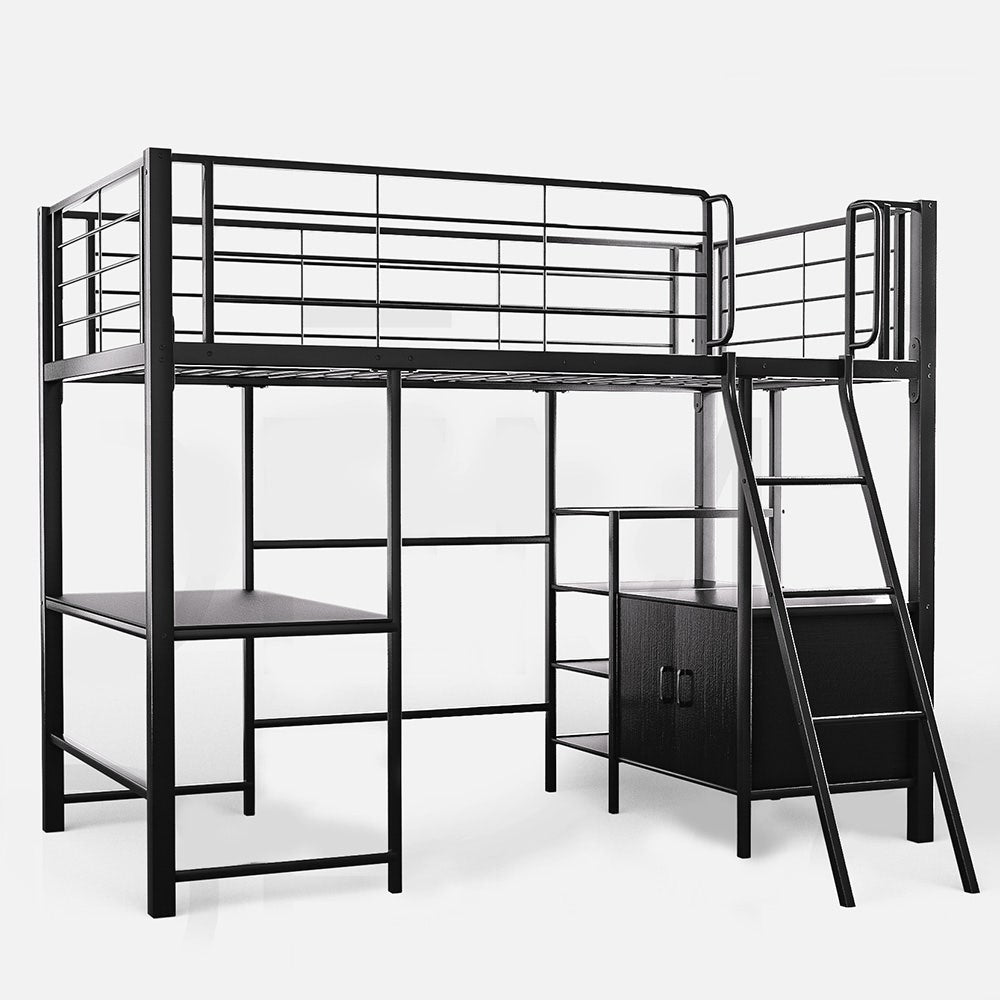 Gaming Loft Bed with Desk and Storage Cabinet, Steel Metal Frame, Space Saving Design, for Single Mattress, Matte Dark Grey