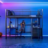 Gaming Loft Bed with Desk and Storage Cabinet, Steel Metal Frame, Space Saving Design, for Single Mattress, Matte Dark Grey - Front View