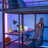 Gaming Loft Bed with Desk and Storage Cabinet, Steel Metal Frame, Space Saving Design, for Single Mattress, Matte Dark Grey - Rear View