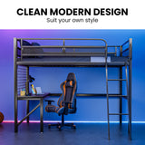 Gaming Loft Bed with Desk, Gridwall, Steel Metal Frame, Space Saving Design, for Single Mattress, Matte Dark Grey - Front View