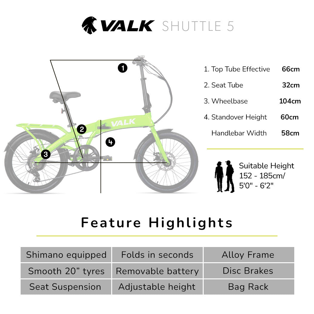 VALK Shuttle 5 Electric Folding Bike, Gen II, 20 Tyres, Shimano 7-Speed, Lime Green