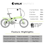 VALK Shuttle 5 Electric Folding Bike, Gen II, 20 Tyres, Shimano 7-Speed, Lime Green - Close-Up Angle