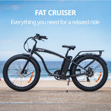 VALK Electric Fat Tyre Cruiser Bike, eBike with Throttle, Matte Black - Front View