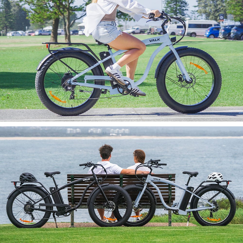 VALK Electric Fat Tyre Cruiser Bike, eBike with Throttle, Tektro Hydraulic Brakes, Blue