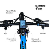 2023 Valk MX7 Electric Bike Medium frame Mountain ebike, Black and Blue - Top-Down View
