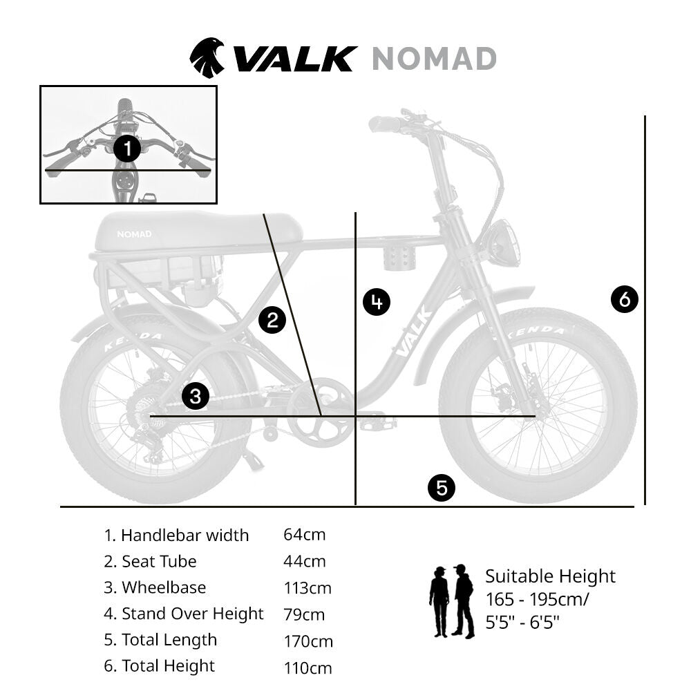 VALK Nomad Electric Fat Tyre Bike, 500W, 45km/hr, Throttle ebike, Disc Brakes, Shimano 7 spd, 20x4 Kenda Tyres, Suspension, Black