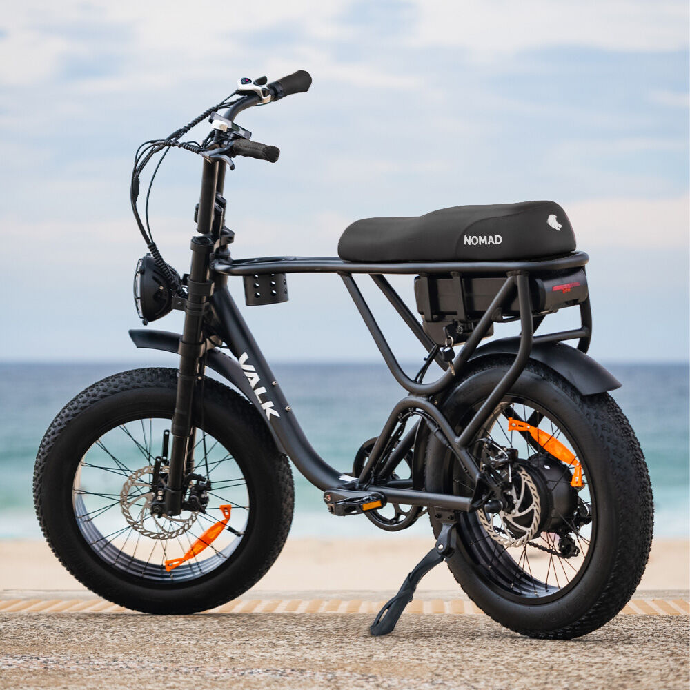 VALK Nomad Electric Fat Tyre Bike, 500W, 45km/hr, Throttle ebike, Disc Brakes, Shimano 7 spd, 20x4 Kenda Tyres, Suspension, Black