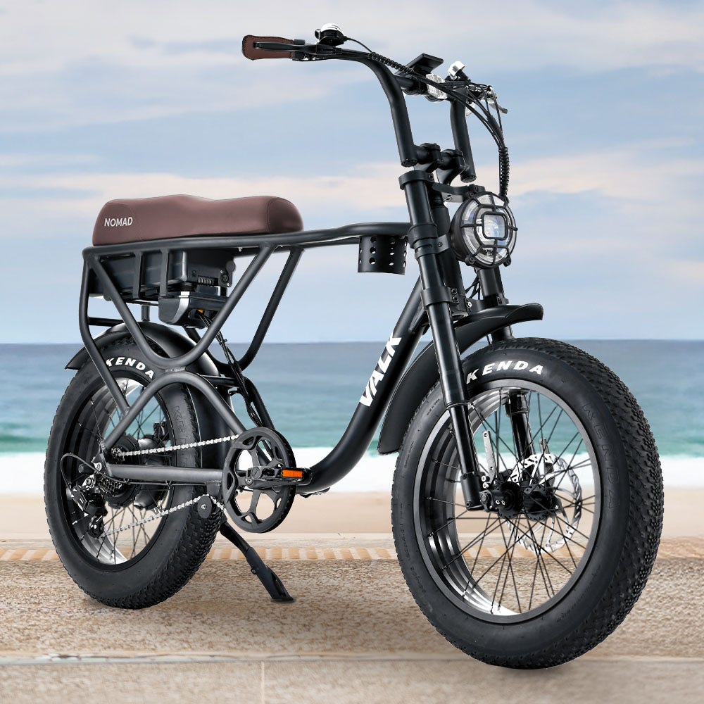 VALK Nomad Electric Fat Tyre Bike, 500W, 45km/hr, Throttle ebike, 20x4 Kenda Tyres, Shimano 7 spd, Suspension, Black