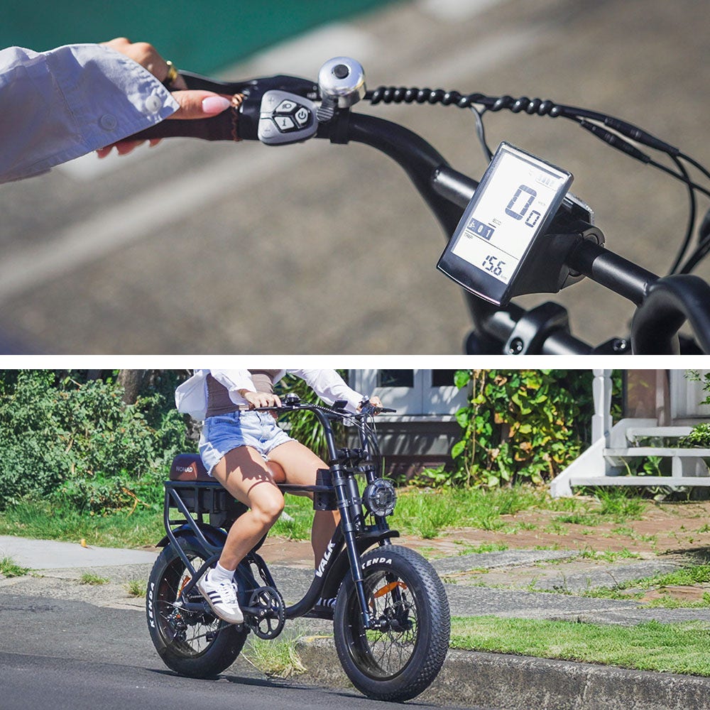VALK Nomad Electric Fat Tyre Bike, 500W, 45km/hr, Throttle ebike, 20x4 Kenda Tyres, Shimano 7 spd, Suspension, Black