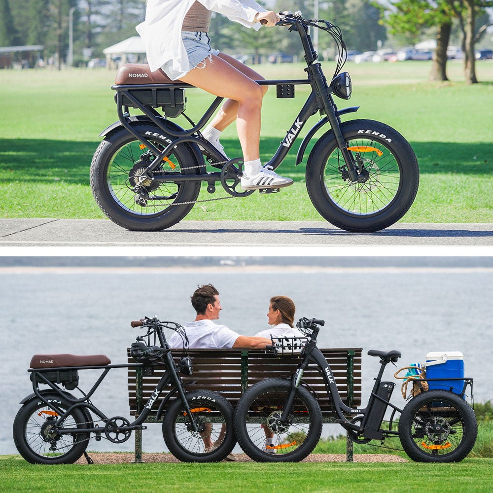 VALK Nomad Electric Fat Tyre Bike, 500W, 45km/hr, Throttle ebike, 20x4 Kenda Tyres, Shimano 7 spd, Suspension, Black