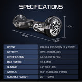 BULLET Electric Hoverboard Scooter 6.5 Inch Wheels, Colour LED Lighting, Carry Bag, Gen III Camo Grey - Rear View