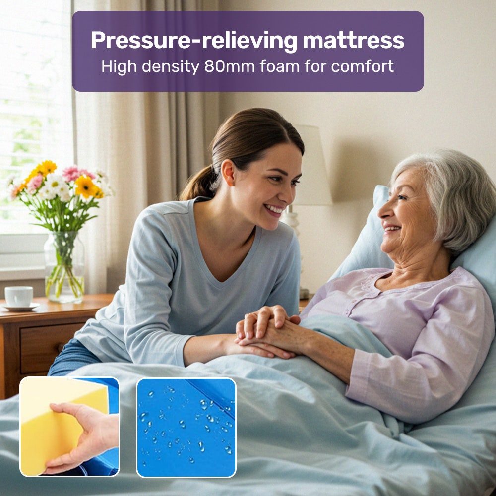 EQUIPMED Electric 8 Function Medical Bed , w/ Mattress & Over Bed Table, Adjustable Back and Leg Lifting, Lateral Tilting, Commode Bowl, IV Pole