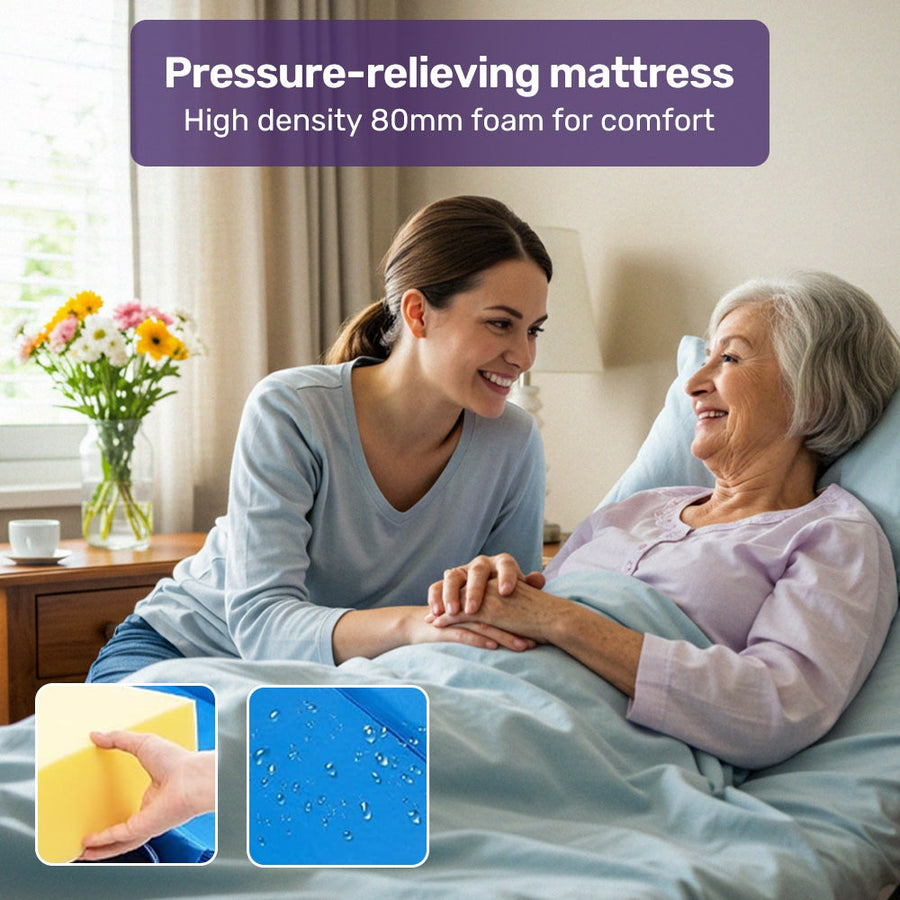 EQUIPMED Electric 8 Function Medical Bed , w/ Mattress & Over Bed Table, Adjustable Back and Leg Lifting, Lateral Tilting, Commode Bowl, IV Pole