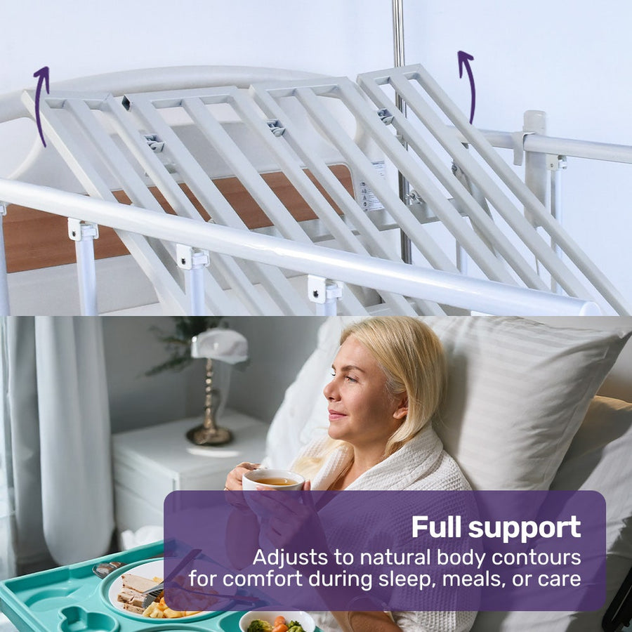 EQUIPMED Electric 8 Function Medical Bed , w/ Mattress & Over Bed Table, Adjustable Back and Leg Lifting, Lateral Tilting, Commode Bowl, IV Pole