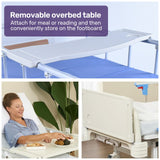 EQUIPMED 4 Function Medical Bed, w/ Mattress & Over Bed Table, Easy Manual Adjustable Back and Leg Incline, IV Pole - Side View
