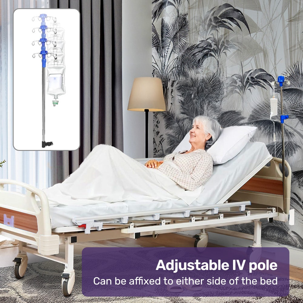EQUIPMED 4 Function Medical Bed, w/ Mattress & Over Bed Table, Easy Manual Adjustable Back and Leg Incline, IV Pole