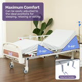 EQUIPMED 4 Function Medical Bed, w/ Mattress & Over Bed Table, Easy Manual Adjustable Back and Leg Incline, IV Pole - Rear View