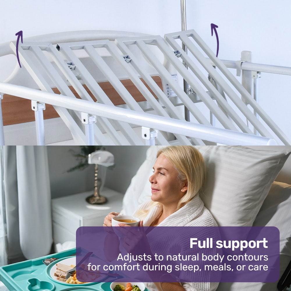 EQUIPMED 4 Function Medical Bed, w/ Mattress & Over Bed Table, Easy Manual Adjustable Back and Leg Incline, IV Pole