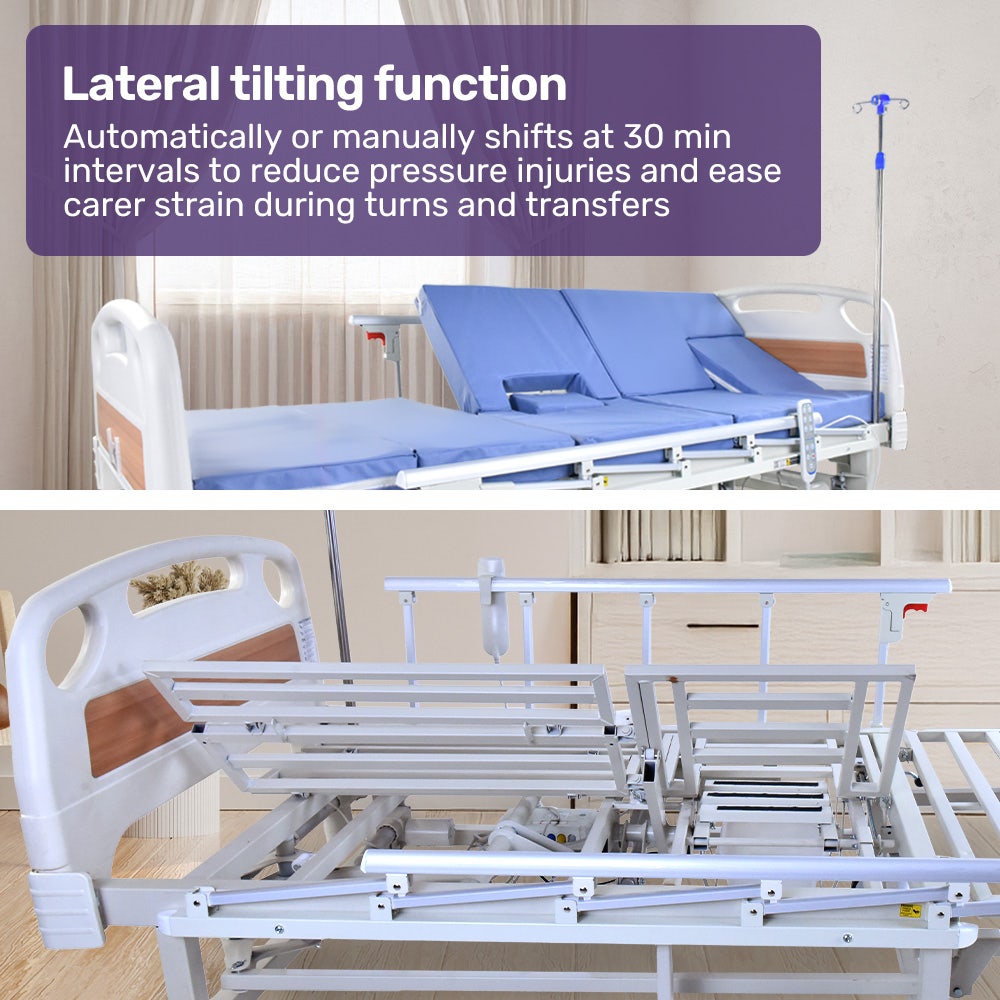 EQUIPMED 7 Function Medical Bed, w/ Mattress & Over Bed Table, Adjustable Back and Leg Lifting, Lateral Tilting, Commode Bowl, IV Pole