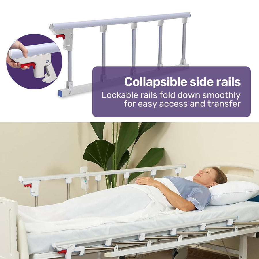EQUIPMED 7 Function Medical Bed, w/ Mattress & Over Bed Table, Adjustable Back and Leg Lifting, Lateral Tilting, Commode Bowl, IV Pole