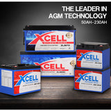 X-Cell 100Ah AGM Battery Deep Cycle 12v Marine Solar Camping Glass Matt 4WD Volt - Low Angle