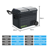Gecko 55L Dual Zone Portable Fridge Freezer with onboard Lithium Battery, 12V/24V/240V, with 2 Doors, Wheels, for Camping, Car, Outings - Rear View
