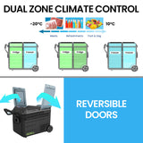Gecko 55L Dual Zone Portable Fridge Freezer with onboard Lithium Battery, 12V/24V/240V, with 2 Doors, Wheels, for Camping, Car, Outings - Low Angle