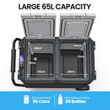 Gecko 65L Dual Zone Portable Fridge Freezer with onboard Lithium Battery, 12V/24V/240V, with 2 Doors, Wheels, for Camping, Car, Outings - Close-Up Angle