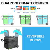 Gecko 65L Dual Zone Portable Fridge Freezer with onboard Lithium Battery, 12V/24V/240V, with 2 Doors, Wheels, for Camping, Car, Outings - Low Angle