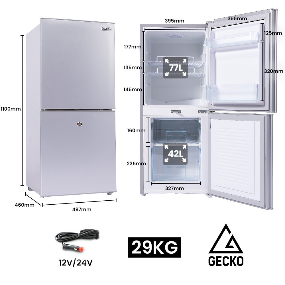 GECKO 119L Upright Portable Fridge / Freezer, 12V/24V for Motorhome and Caravan, Silver