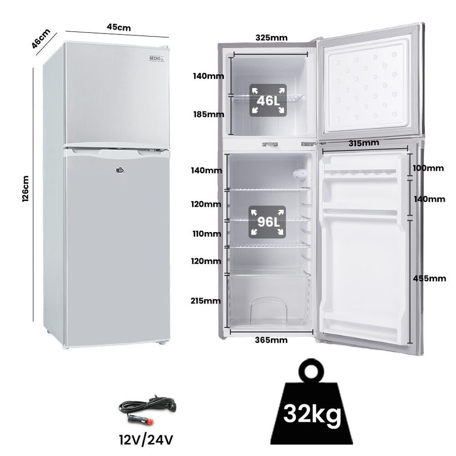 GECKO 142L Upright Portable Fridge / Freezer, 12V/24V for Motorhome and Caravan, Silver