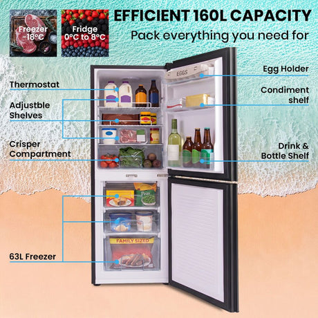 Gecko 160L upright portable fridge freezer in black, 12V/24V, freezer compartments above the fridge
