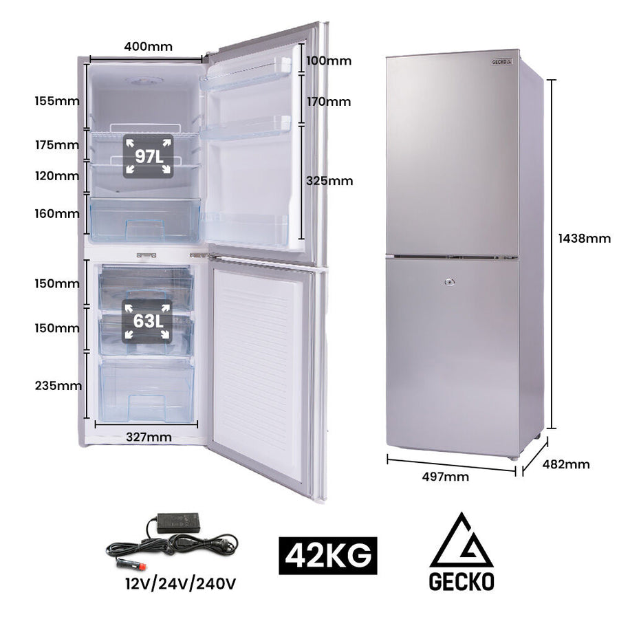 GECKO 160L Upright Portable Fridge / Freezer, 12V/24V for Motorhome and Caravan, Silver