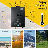 Thermomate Portable Gas Outdoor Camping Hot Water Heater System, with 12V Pump, Shower Head, Black - Close-Up Angle