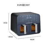 EuroChef 9L Dual Zone Air Fryer, Electric Digital Airfryer Twin Drawers, Black/Silver - Front View