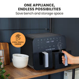 EuroChef 9L Dual Zone Air Fryer, Electric Digital Airfryer Twin Drawers, Black/Silver - Low Angle
