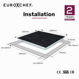 EuroChef 60cm 4 Zone Ceramic Cooktop, 6600W Electric, FlexiZone Adjustable Size Hobs, Touch Controls - Front View