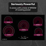 EuroChef 90cm 5 Zone Ceramic Cooktop, 8900W Electric, FlexiZone Adjustable Size Hobs, Touch Controls - Top-Down View
