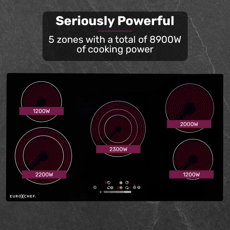 EuroChef 90cm 5 Zone Ceramic Cooktop, 8900W Electric, FlexiZone Adjustable Size Hobs, Touch Controls