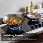 EUROCHEF 60cm 4 Burner Gas Cooktop, with Wok Burner, Tempered Glass, Natural Gas & LPG, Black
