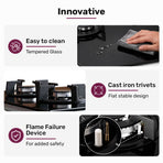 EUROCHEF 60cm 4 Burner Gas Cooktop, with Wok Burner, Tempered Glass, Natural Gas & LPG, Black