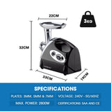 EUROCHEF Electric Meat Grinder, Stainless Steel Mincer Sausage Filler Kibbe Maker, Black - 45-Degree Angle