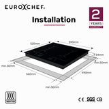 EuroChef 60cm 4 Zone Induction Cooktop, 7200W Electric, Dual Link Bridged Zone Hobs, Touch Controls - Front View