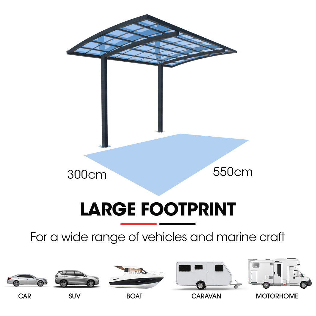 SHADE SHIELD Single Cantilever Carport 3.0m x 5.5m x 3.5m, Aluminium Alloy Frame, Polycarbonate Roof