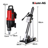BAUMR-AG 3200W 300mm Wet/Dry Core Drill w/ Wheeled Rig Stand Combo, for Concrete Coring Hole Drilling - Front View