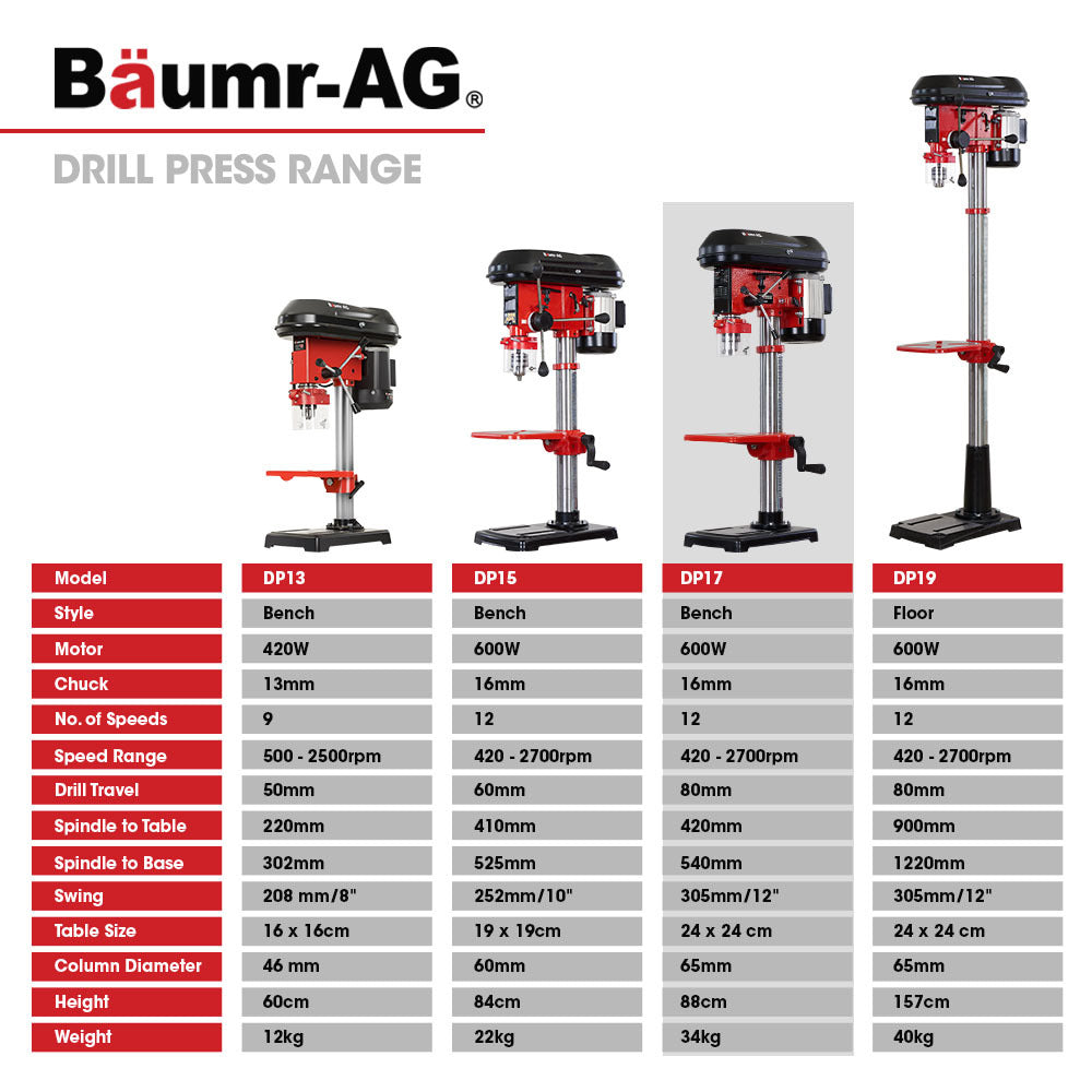 Baumr-AG 600W 12 Pedestal Bench Drill Press, 12 Speeds, 16mm Chuck (DP17)